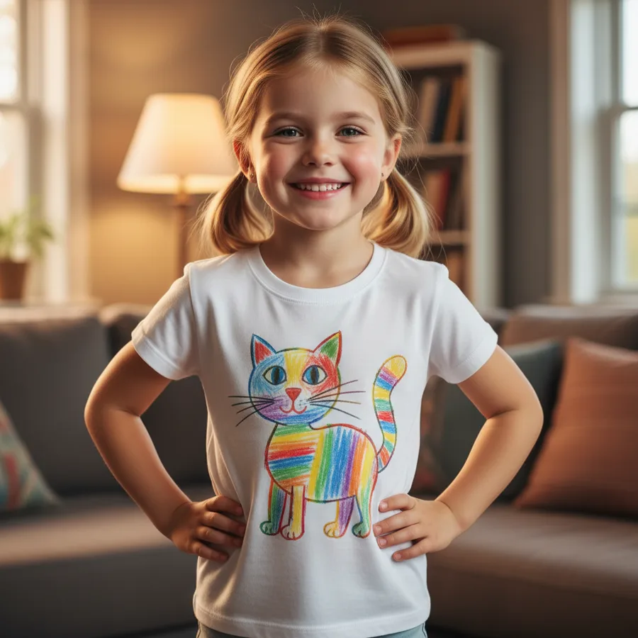 A little girl proudly showing her white t-shirt printed with her own rainbow cat drawing